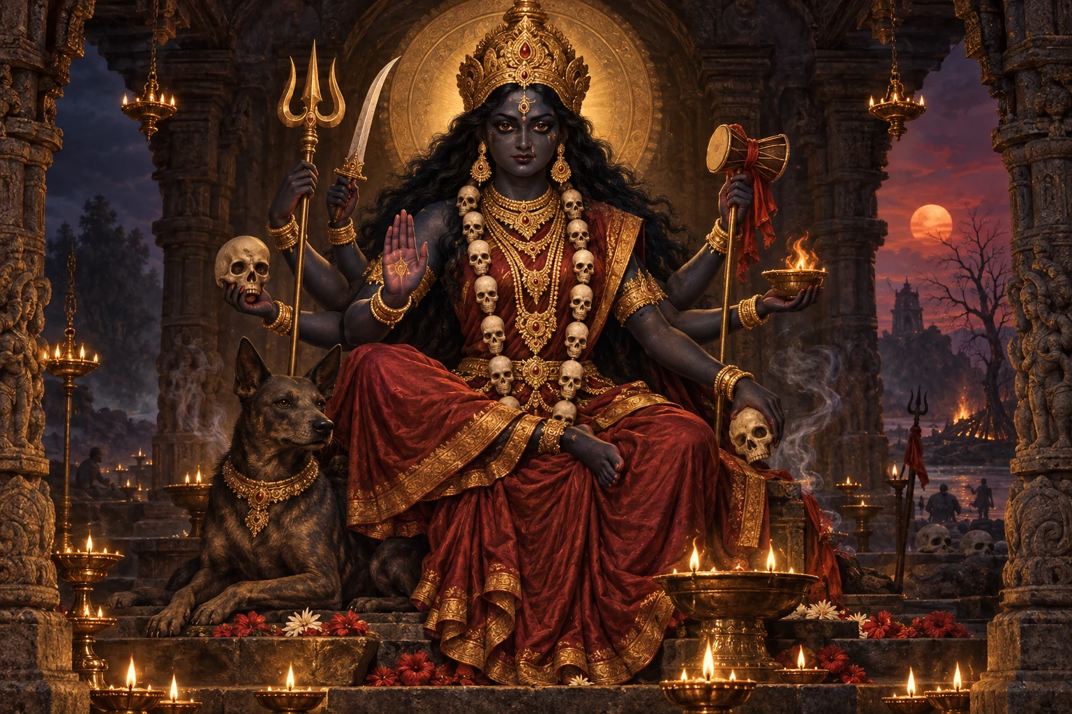 Reverent devotional painting of Goddess Chamunda seated in a lamp-lit temple with a trident and protective hand gesture