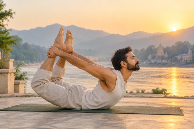 A yoga practitioner demonstrating Dhanurasana bow pose on a terrace