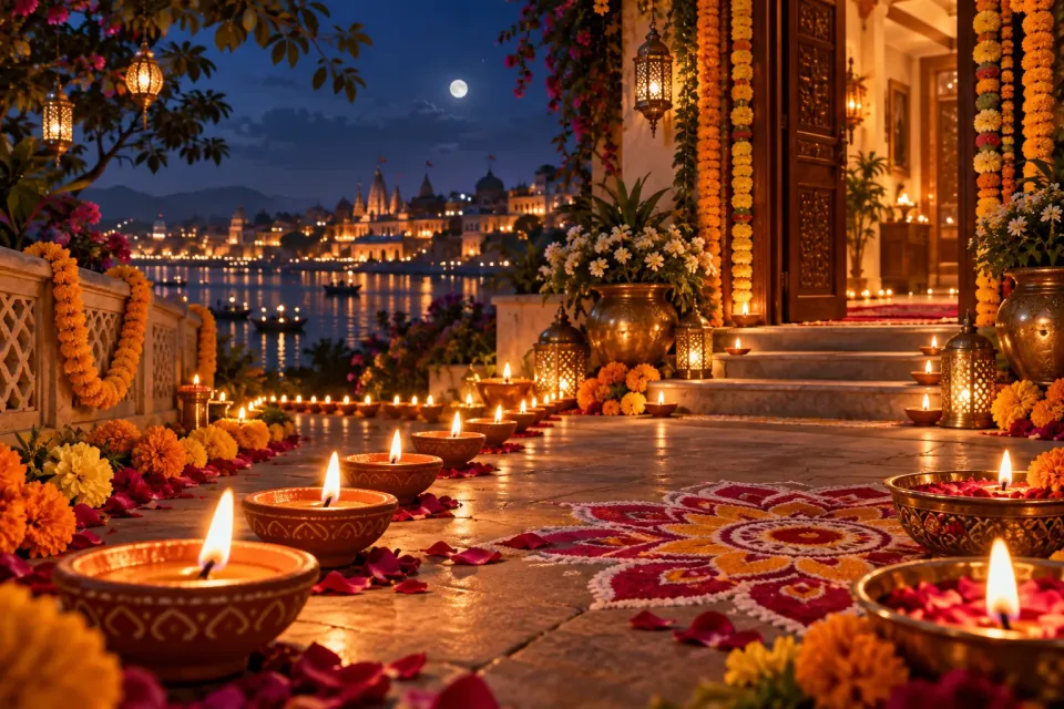 Traditional diyas illuminating a devotional setting