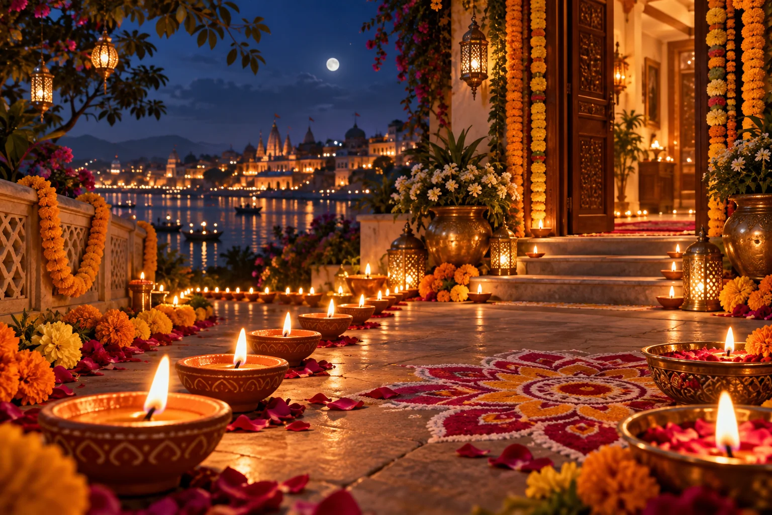 Rows of glowing diyas, marigolds and rangoli welcoming visitors to a decorated home on Diwali