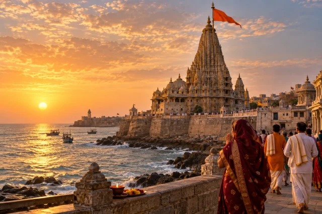 Dwarka's coastal Krishna temple glowing at sunrise beside the Gomti waterfront