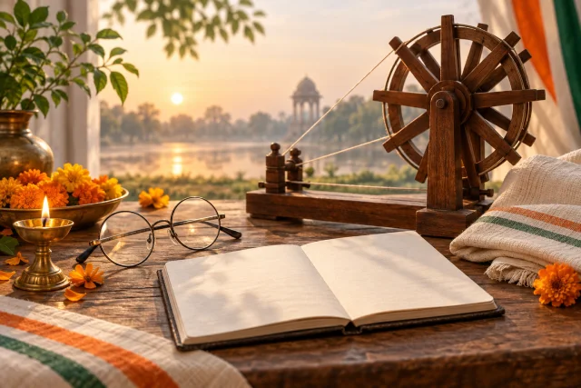 Gandhi's round spectacles, a charkha, khadi cloth, and marigolds at sunrise