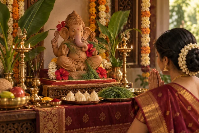 An eco-friendly clay Ganesha murti with marigolds and puja offerings