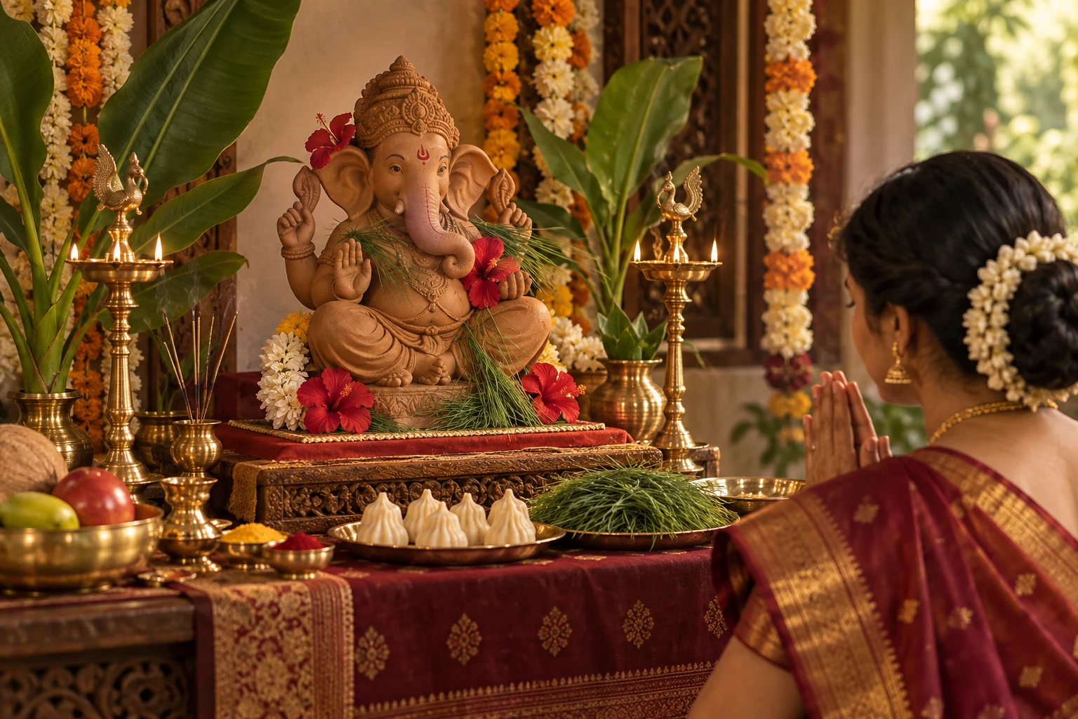 An eco-friendly clay Ganesha murti with marigolds and puja offerings