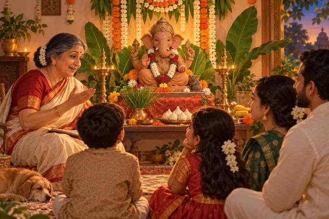 A family listening to a Ganesh Chaturthi story beside a natural-clay Ganesha murti