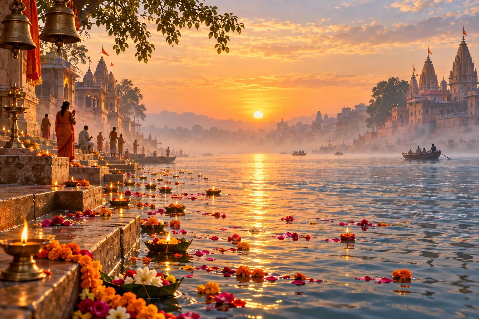 Flower offerings and floating diyas on the Ganga at a golden sunrise ghat