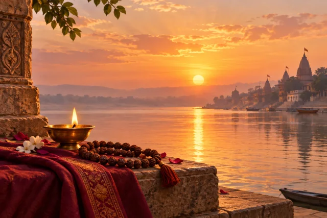 Sunrise over a calm river with a brass diya and rudraksha mala in the foreground