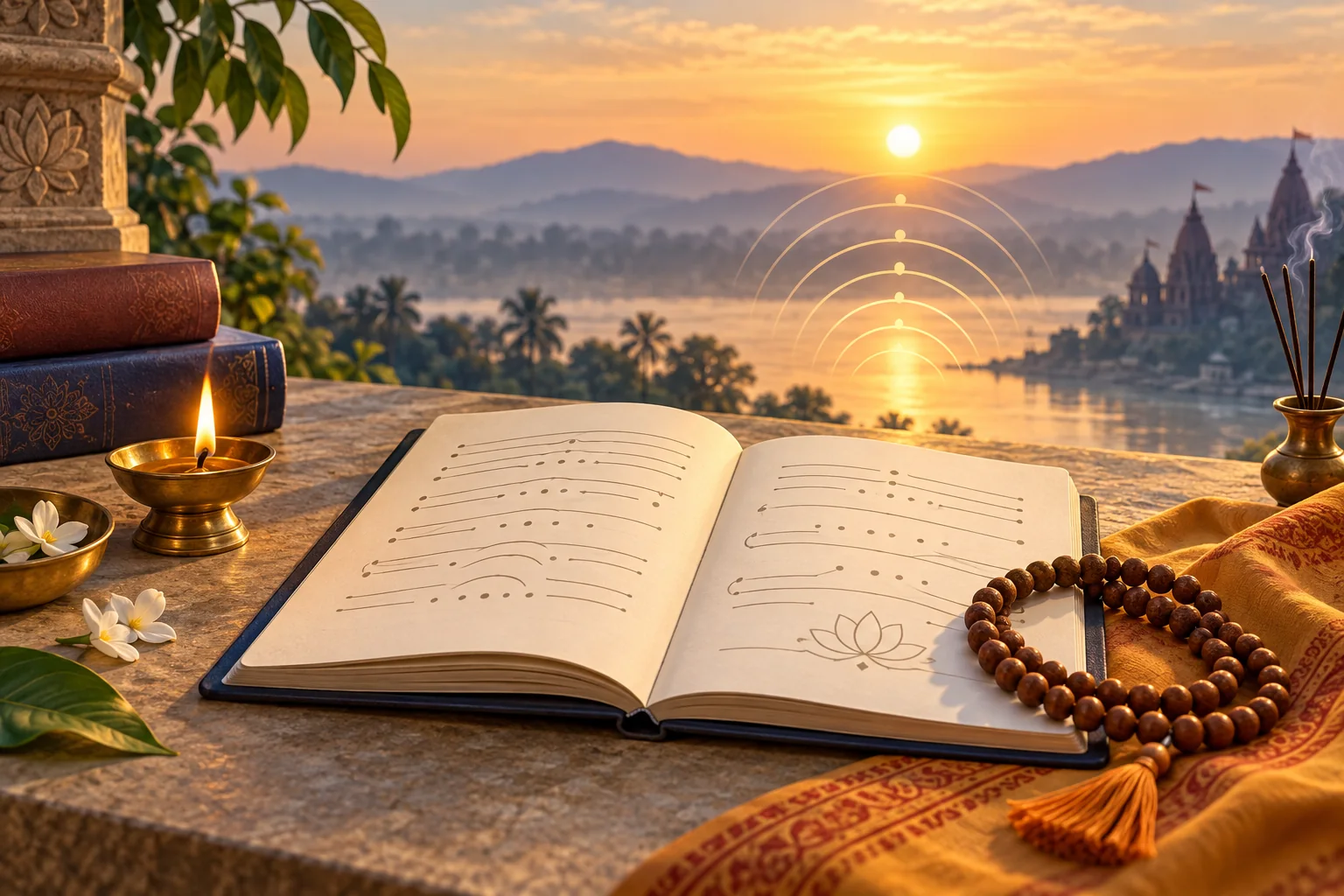 Mantra study notebook, japa mala and diya with sound-wave motif at sunrise