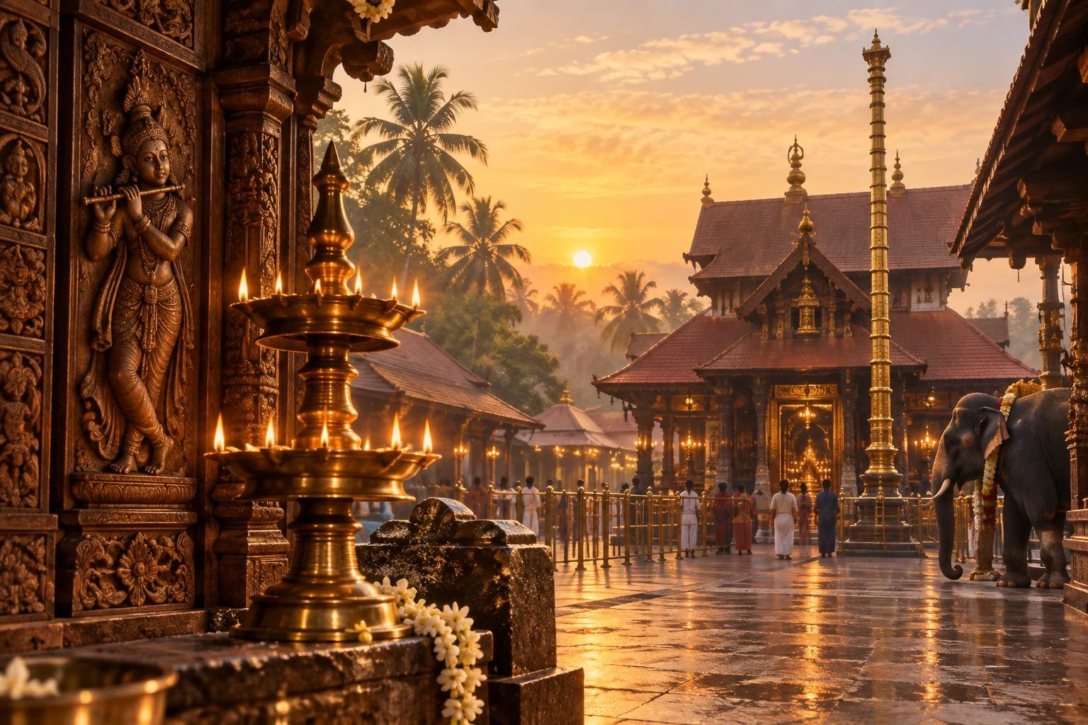 A lamp-lit Kerala temple courtyard evoking Guruvayur Krishna devotion