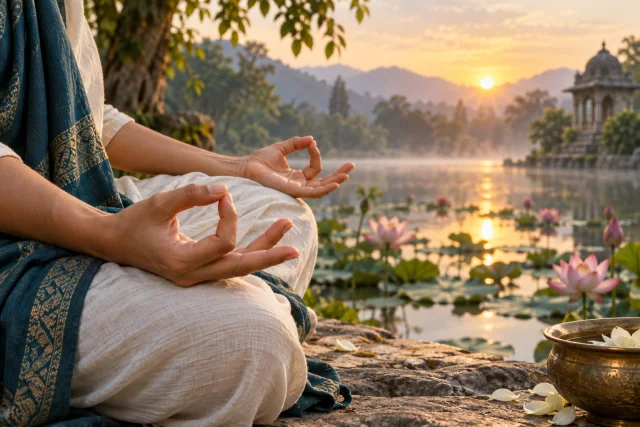 Hands demonstrating Gyan Mudra beside a lotus pond at sunrise