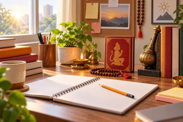 Student desk with Hanuman Chalisa book, notebook, rudraksha mala, diya and bronze gada bookend