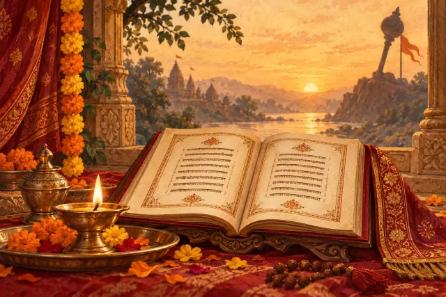 Open Hanuman Chalisa prayer book beside a diya and marigold flowers at sunrise