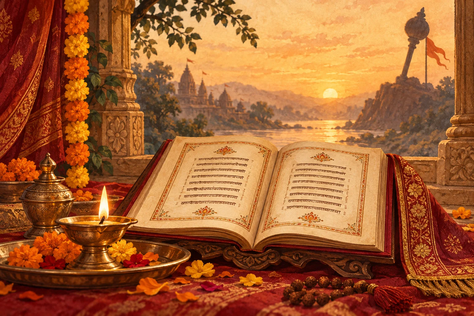 Open Hanuman Chalisa prayer book beside a diya and marigold flowers at sunrise