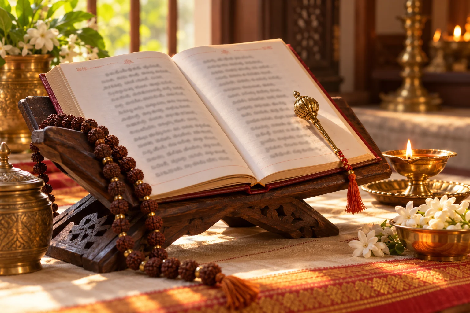 Kannada Hanuman Chalisa study setting with prayer book, mala, lamp, and jasmine
