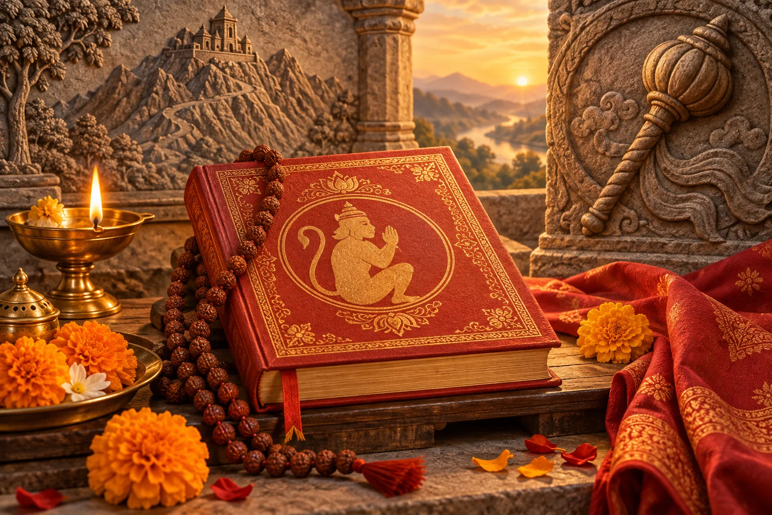 Hanuman Chalisa prayer book with rudraksha mala, marigolds, diya and carved gada motif