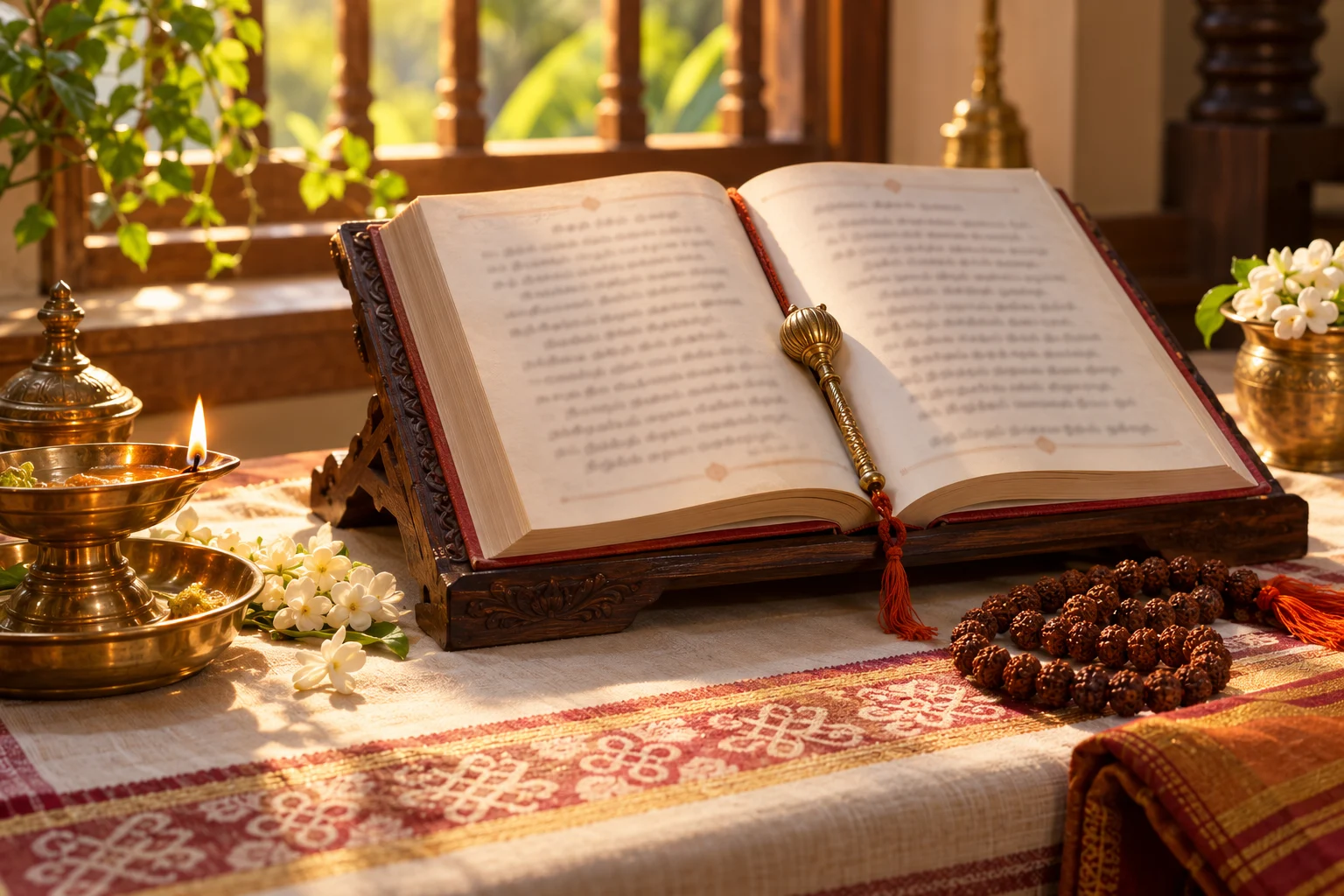 Tamil Hanuman Chalisa study setting with prayer book, mala, lamp, and jasmine