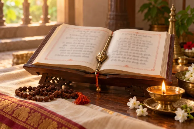 Telugu Hanuman Chalisa study setting with prayer book, mala, lamp, and jasmine