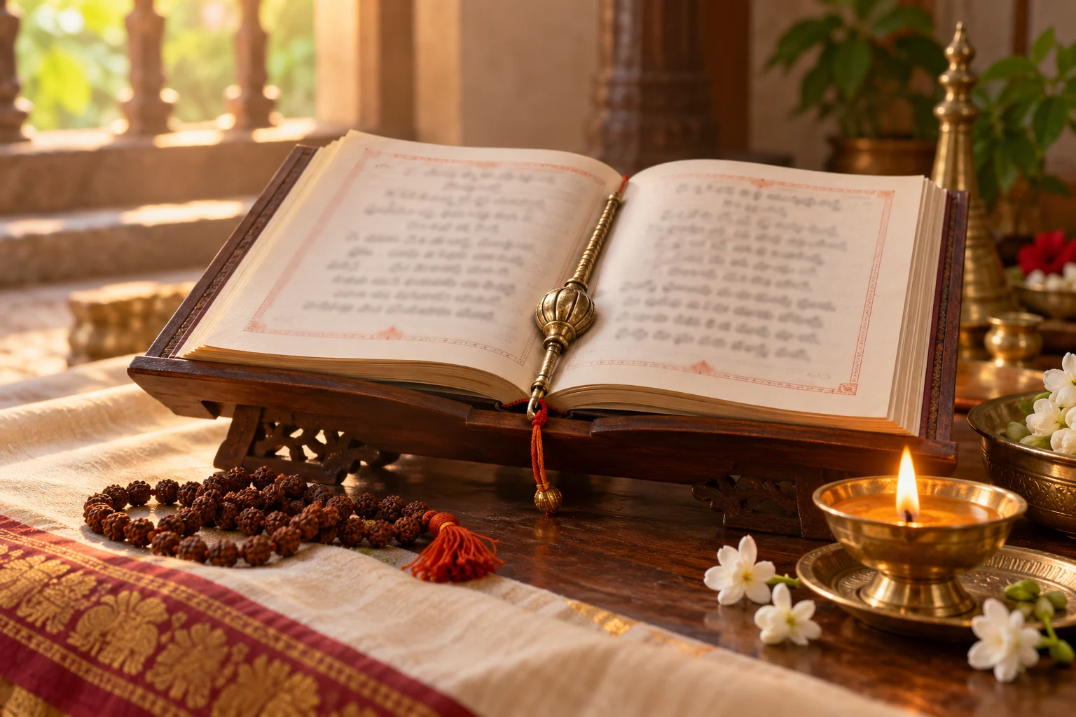 Telugu Hanuman Chalisa study setting with prayer book, mala, lamp, and jasmine