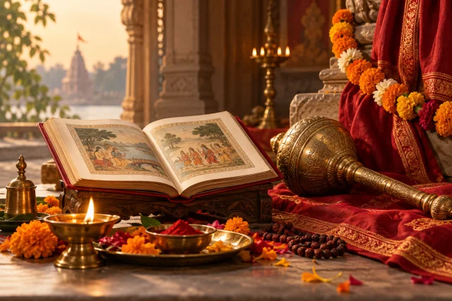 A respectful Hanuman Jayanti shrine with flowers, scripture, and a glowing diya