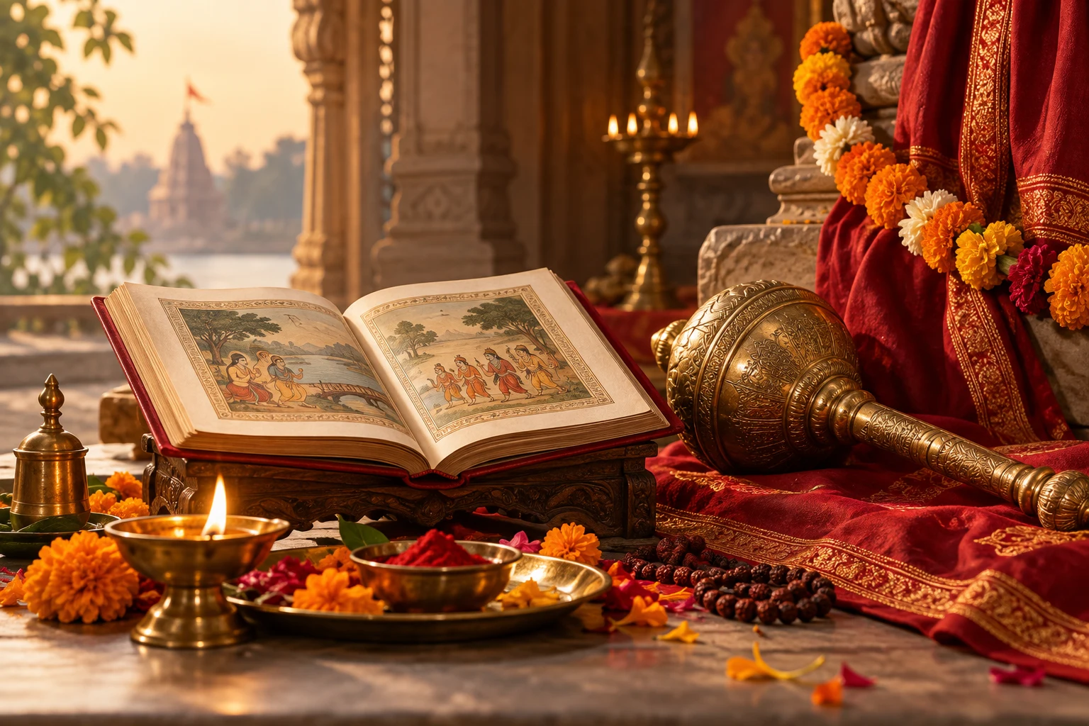 A respectful Hanuman Jayanti shrine with flowers, scripture, and a glowing diya