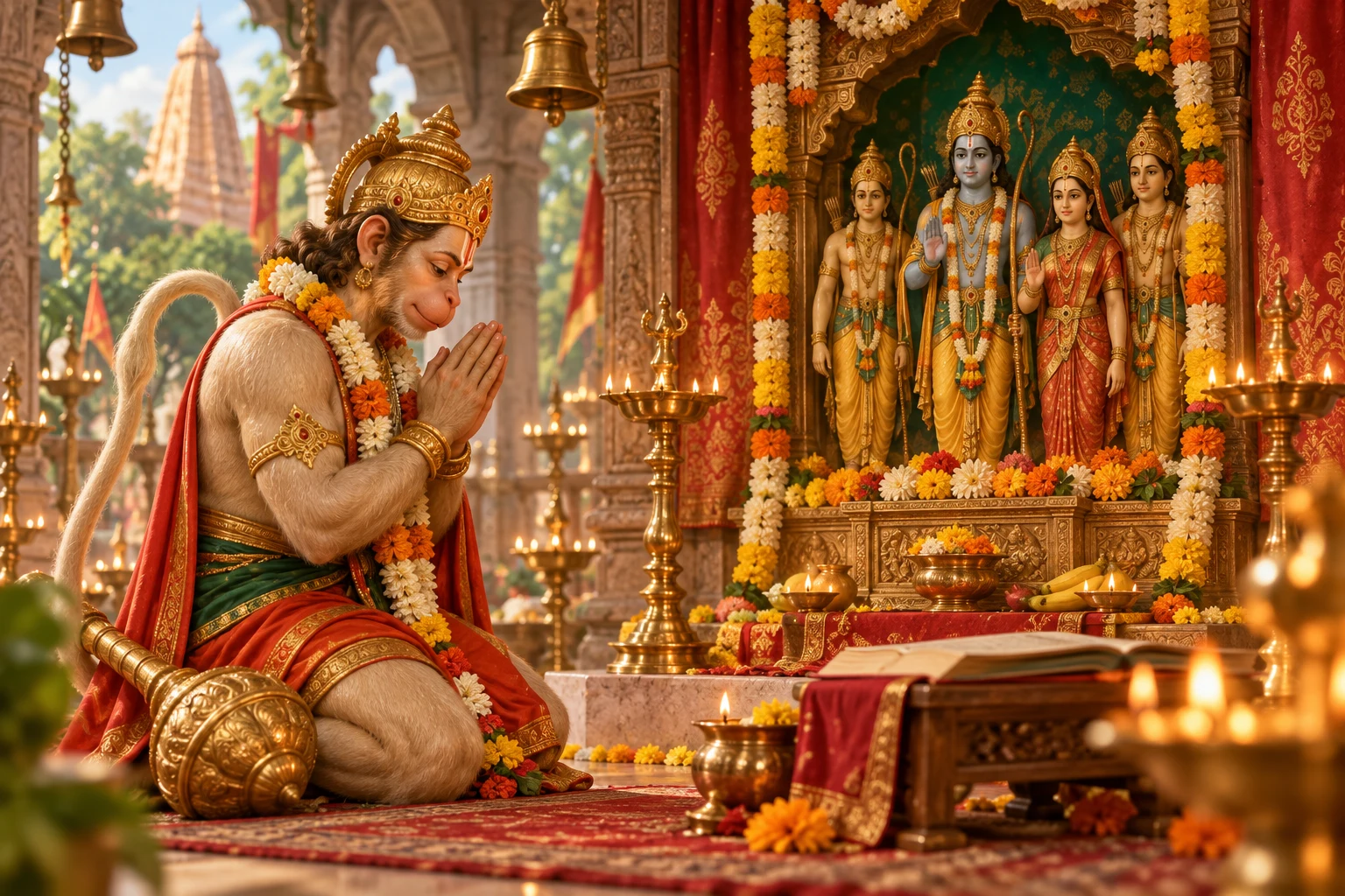 Hanuman praying before a Rama shrine surrounded by marigolds and temple lamps