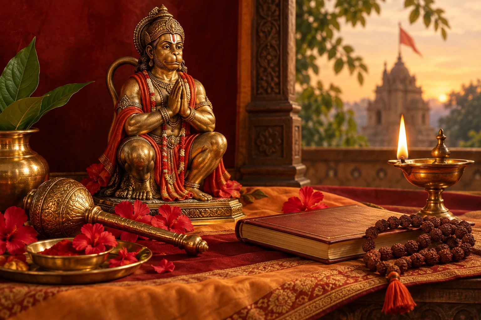 A simple Tuesday Hanuman prayer setting with lamp, flowers, and prayer beads