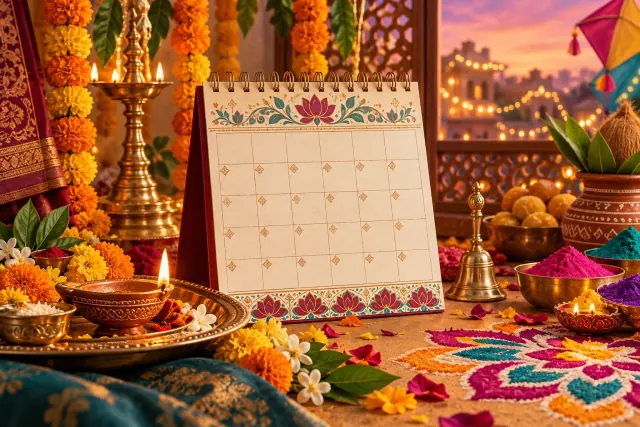 Decorative Hindu festival calendar surrounded by diyas, marigolds, rangoli and festive colors
