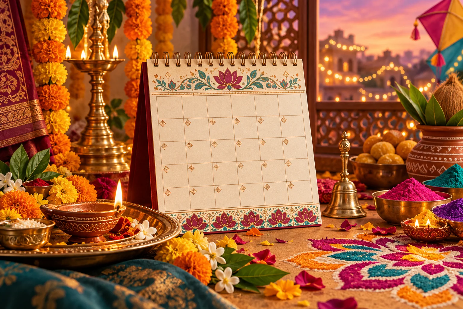 Decorative festival calendar surrounded by diyas, marigolds, rangoli and festive colors