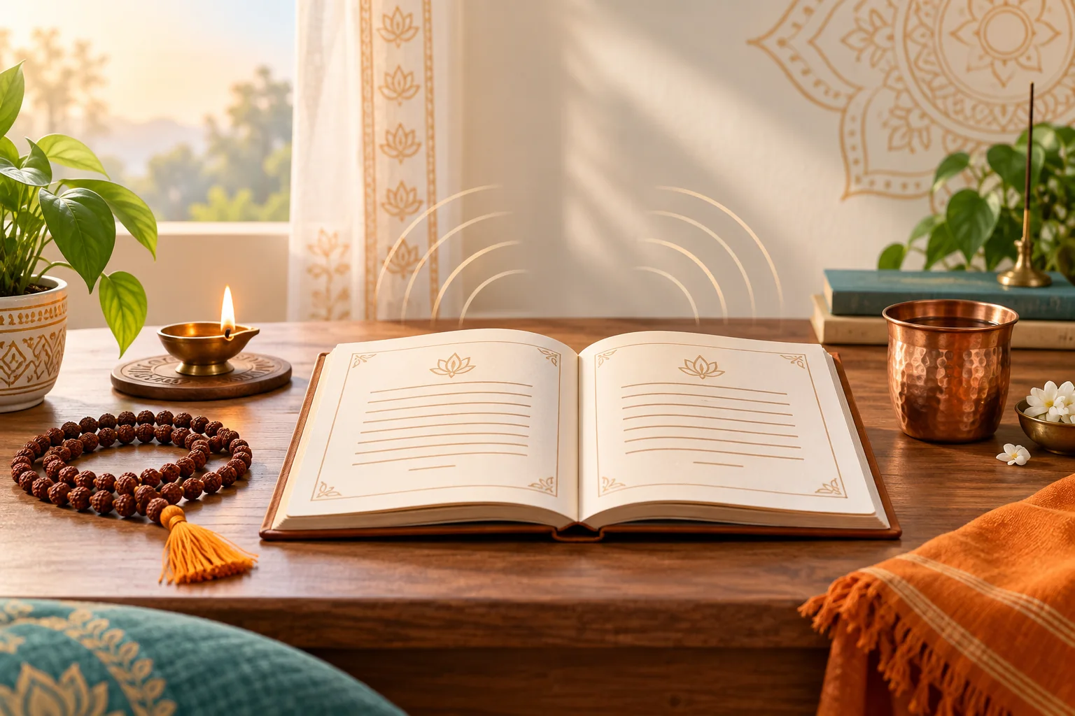 Open beginner mantra guide with japa mala, diya and copper cup in a calm practice space