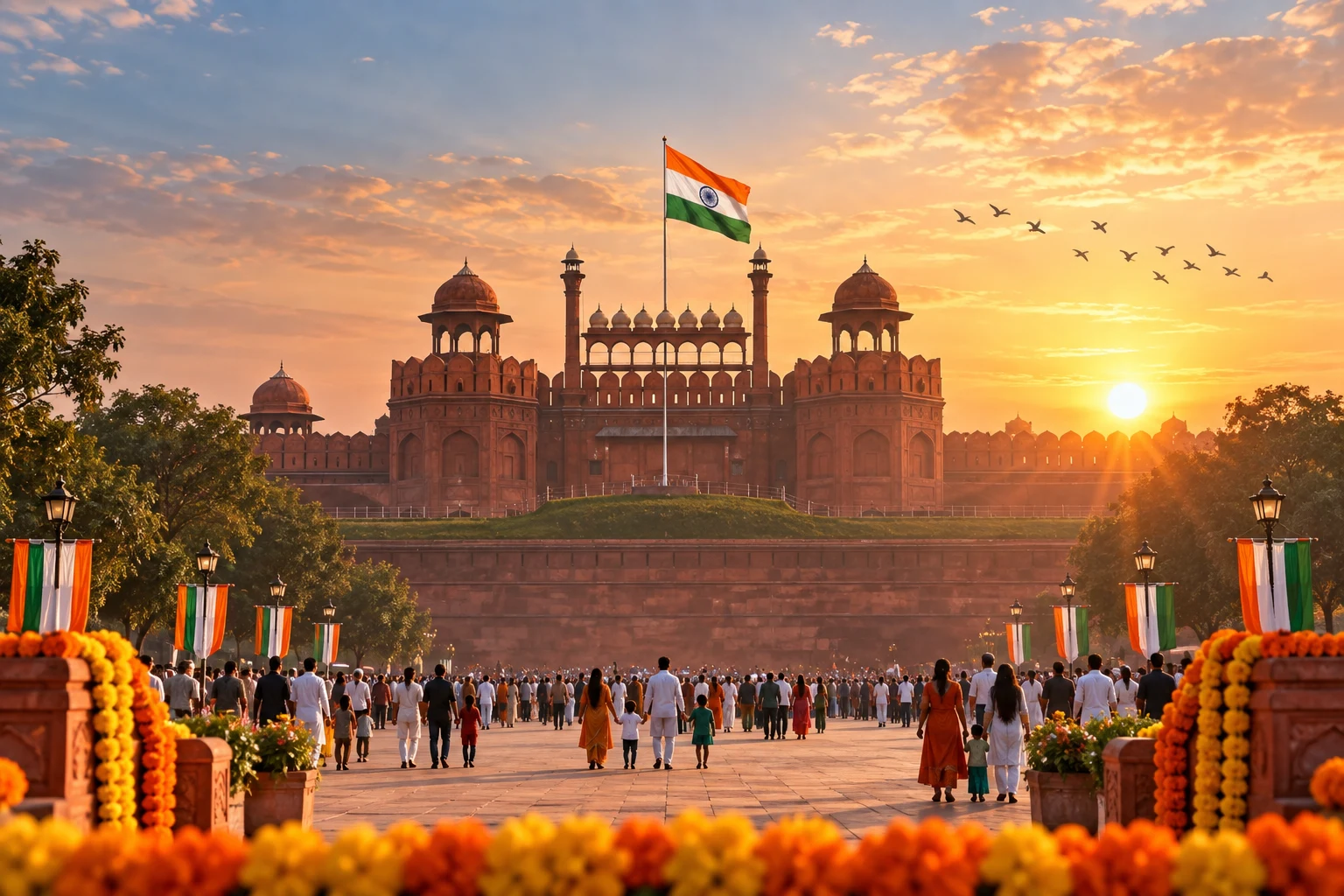 India's national flag flying above the Red Fort during an Independence Day sunrise