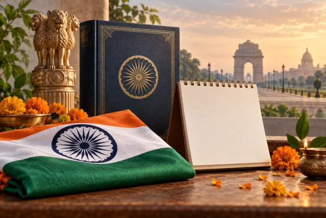 The Indian flag, a civic calendar, and Constitution symbols near India Gate