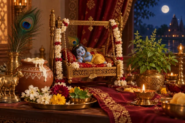A decorated Krishna cradle with flowers and lamps for Janmashtami worship