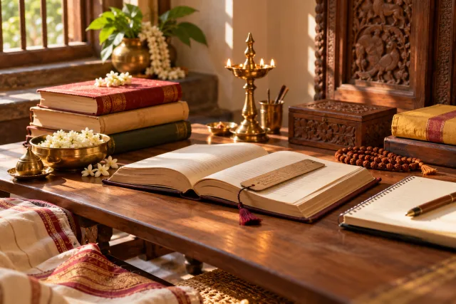 Kannada devotional reading corner with sacred books, prayer beads, and a brass lamp