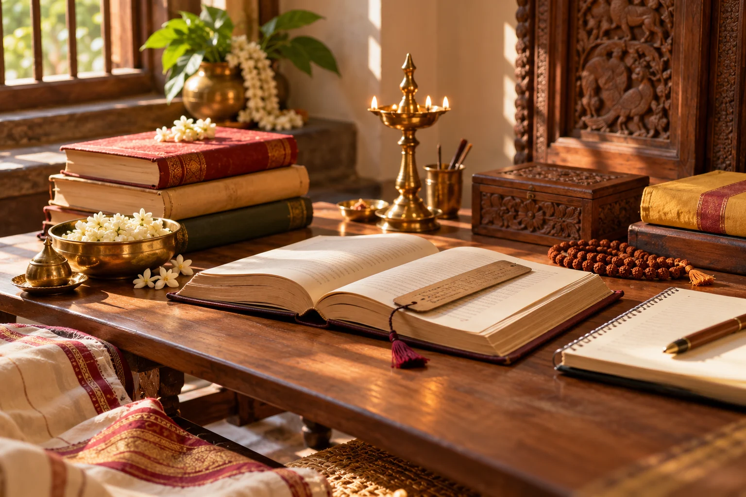 Kannada devotional reading corner with sacred books, prayer beads, and a brass lamp