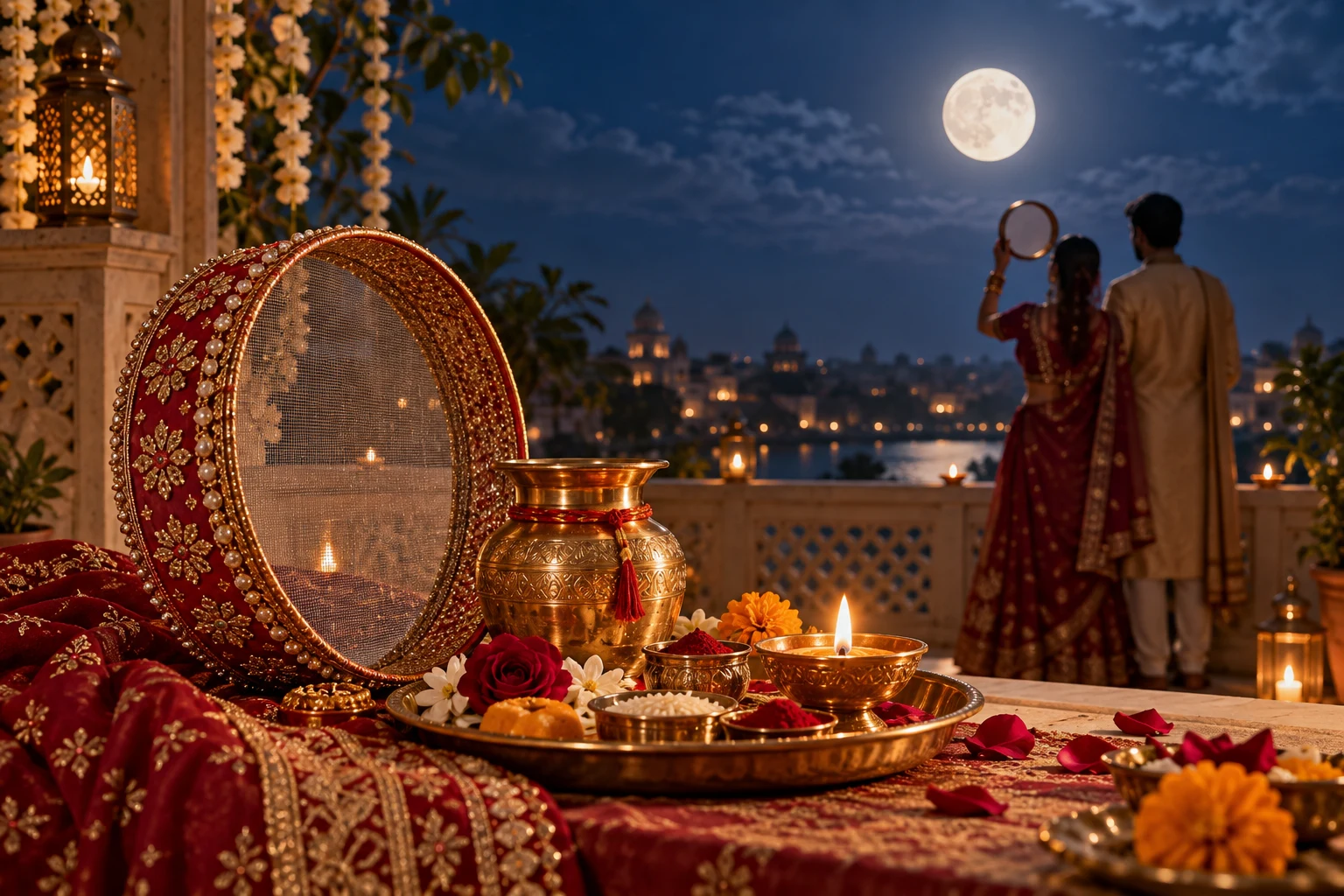 A decorated sieve, brass karwa, puja thali, and diya beneath the Karwa Chauth moon