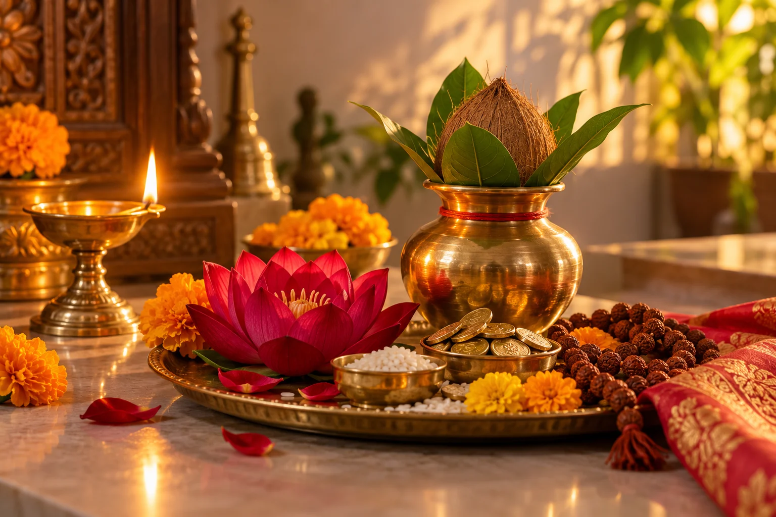 Lakshmi mantra altar with a lotus, brass kalash, prayer beads, and a diya