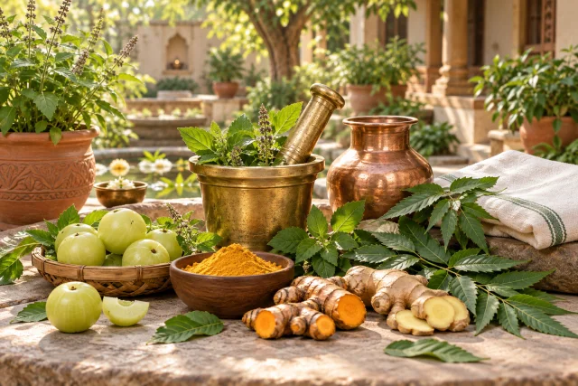 Tulsi, turmeric, amla, ginger, and neem arranged for traditional Ayurveda learning