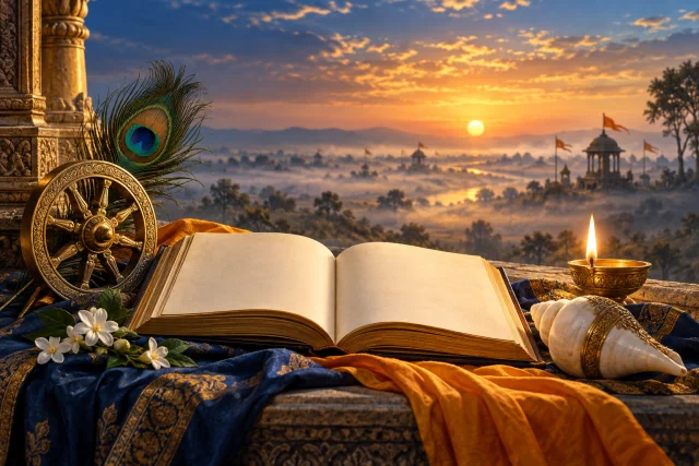 An open Bhagavad Gita with a peacock feather, conch, chariot wheel, and lamp at dawn