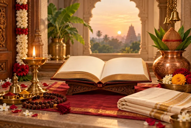 A home devotional altar with a sacred book, prayer beads, flowers, and a glowing lamp