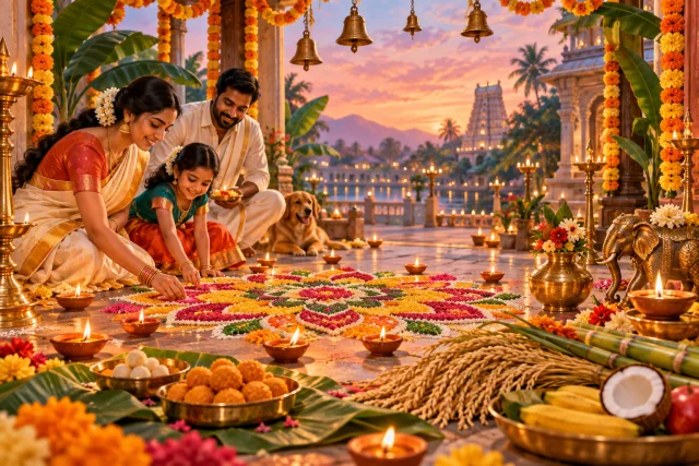 A festive Indian courtyard with rangoli, marigolds, lamps, sweets, and harvest offerings