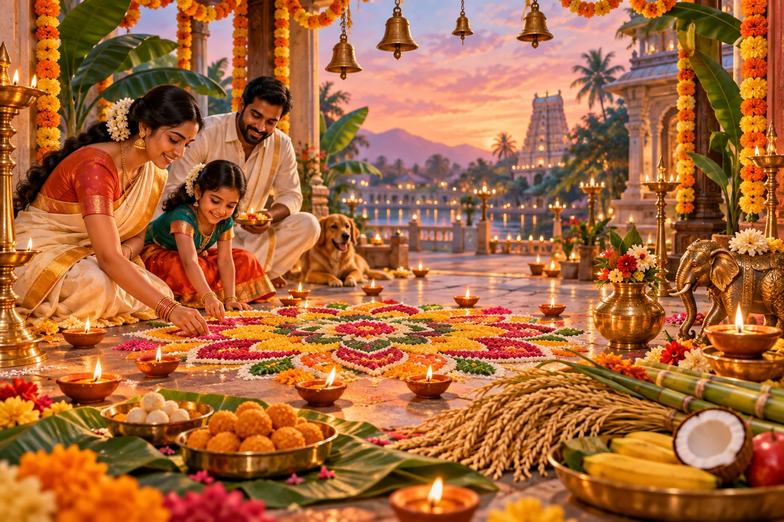 A festive Indian courtyard with rangoli, marigolds, lamps, sweets, and harvest offerings