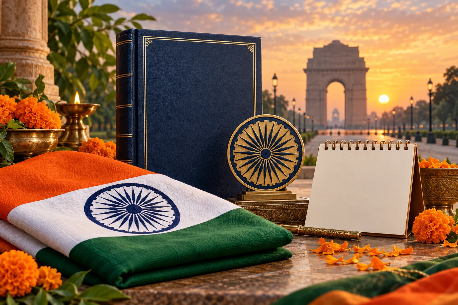 An Indian flag, a bound book and marigolds before India Gate at sunset