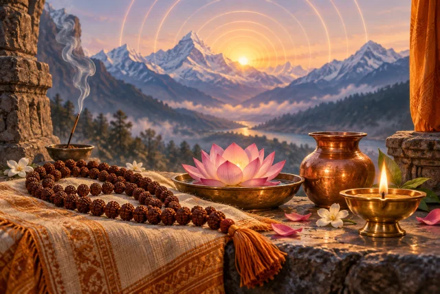 Prayer beads, lotus, copper vessel, incense, and a lamp in a Himalayan meditation setting