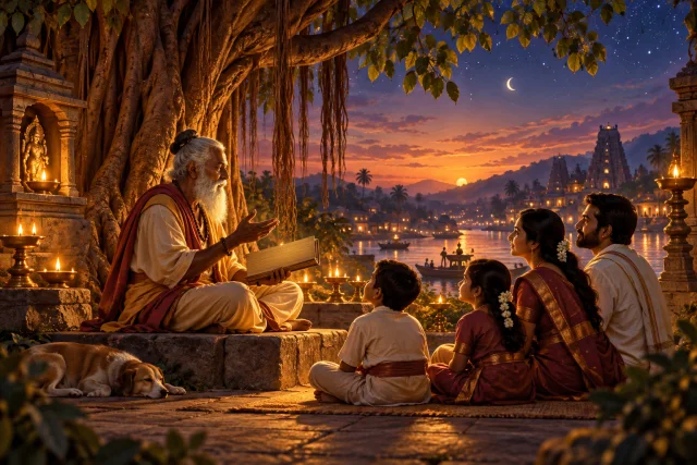 A traditional storyteller sharing a sacred story with a family beneath a banyan tree
