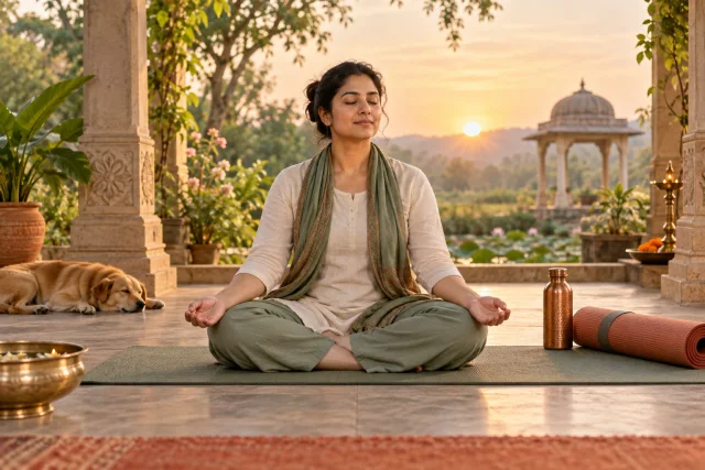 A calm yoga and meditation practice in a garden pavilion at sunrise