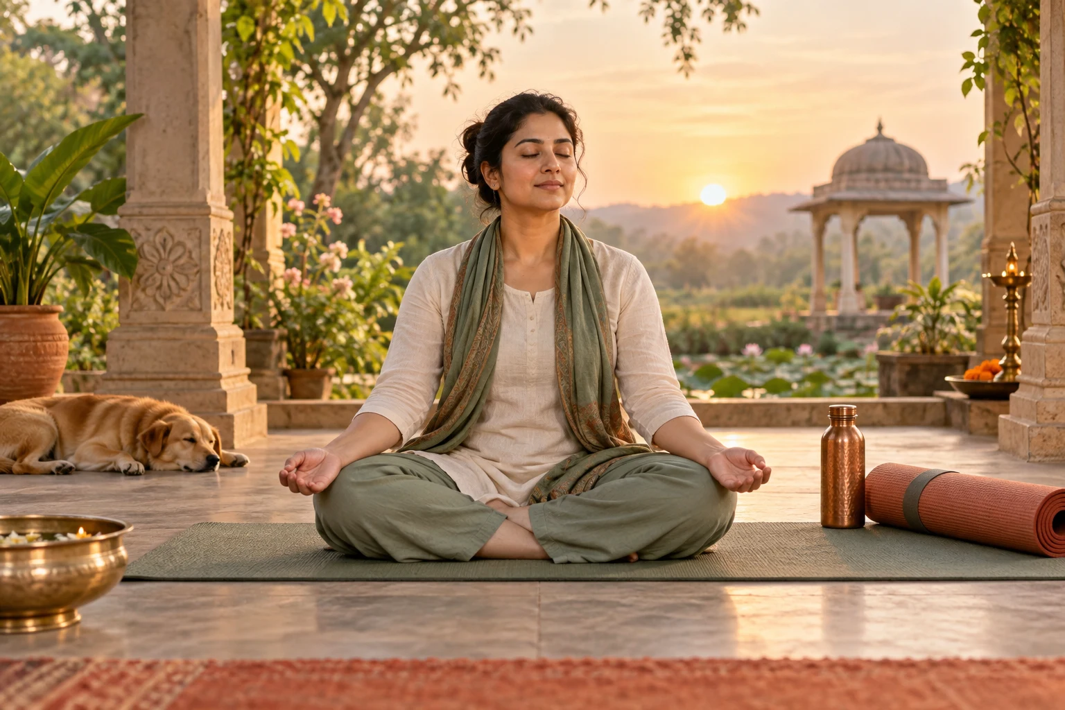 A calm yoga and meditation practice in a garden pavilion at sunrise