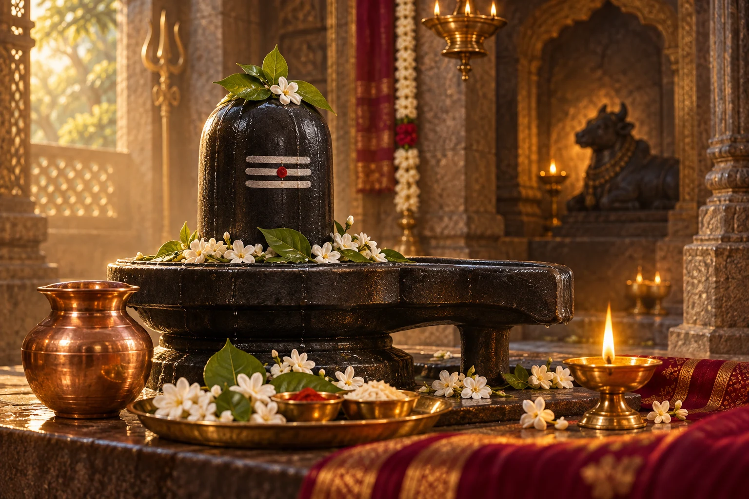 A Shiva lingam with bilva leaves, flowers, and glowing lamps on Maha Shivratri