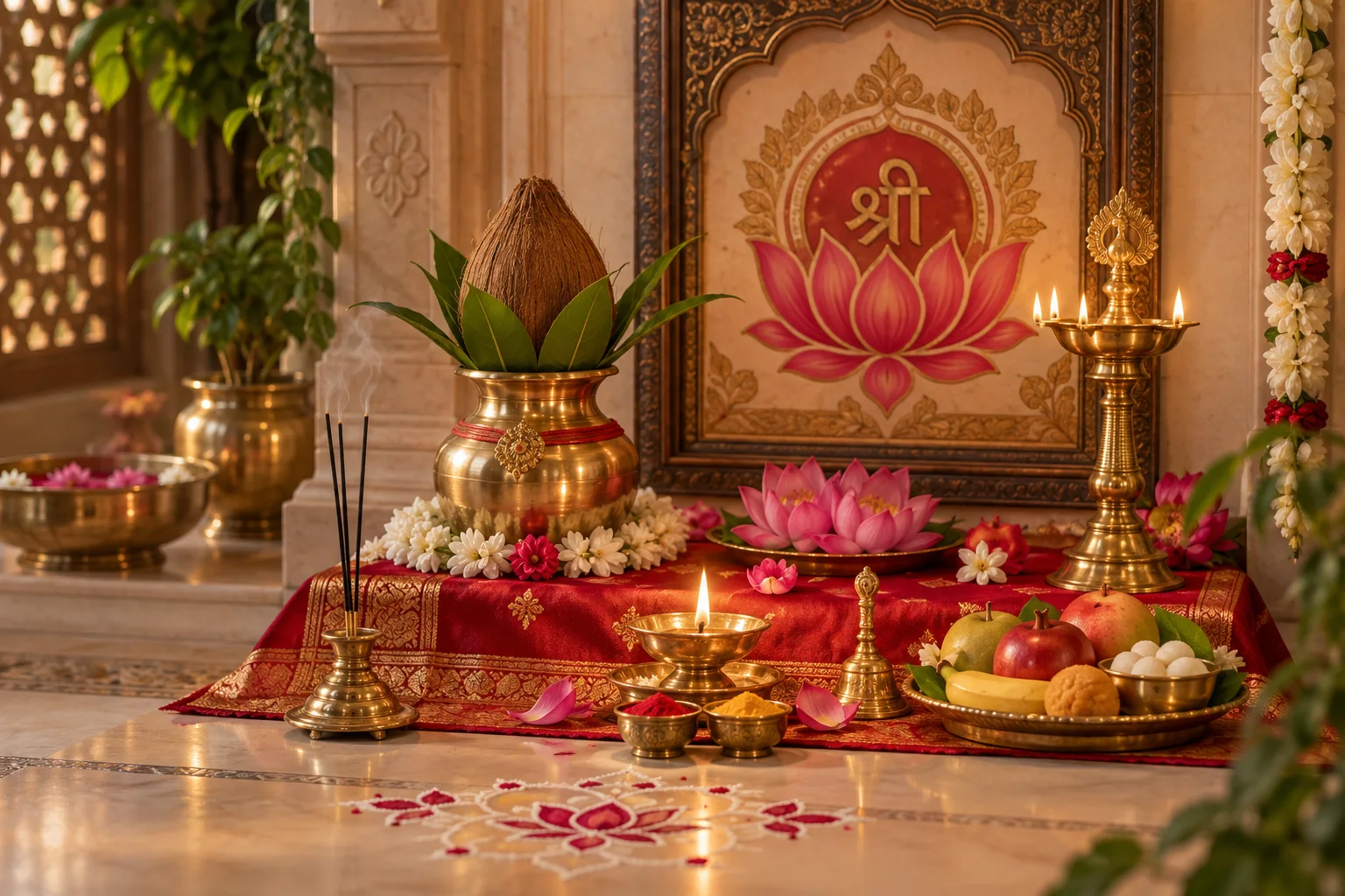 Mahalakshmi Puja altar with a kalash, lotus flowers, brass lamps, fruit, sweets and rangoli