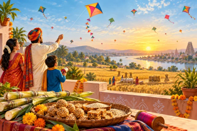 A family flying kites above harvest fields with sesame sweets for Makar Sankranti