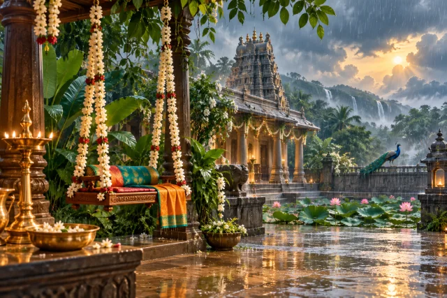 A rain-washed temple courtyard with a flower-decorated swing and peacock